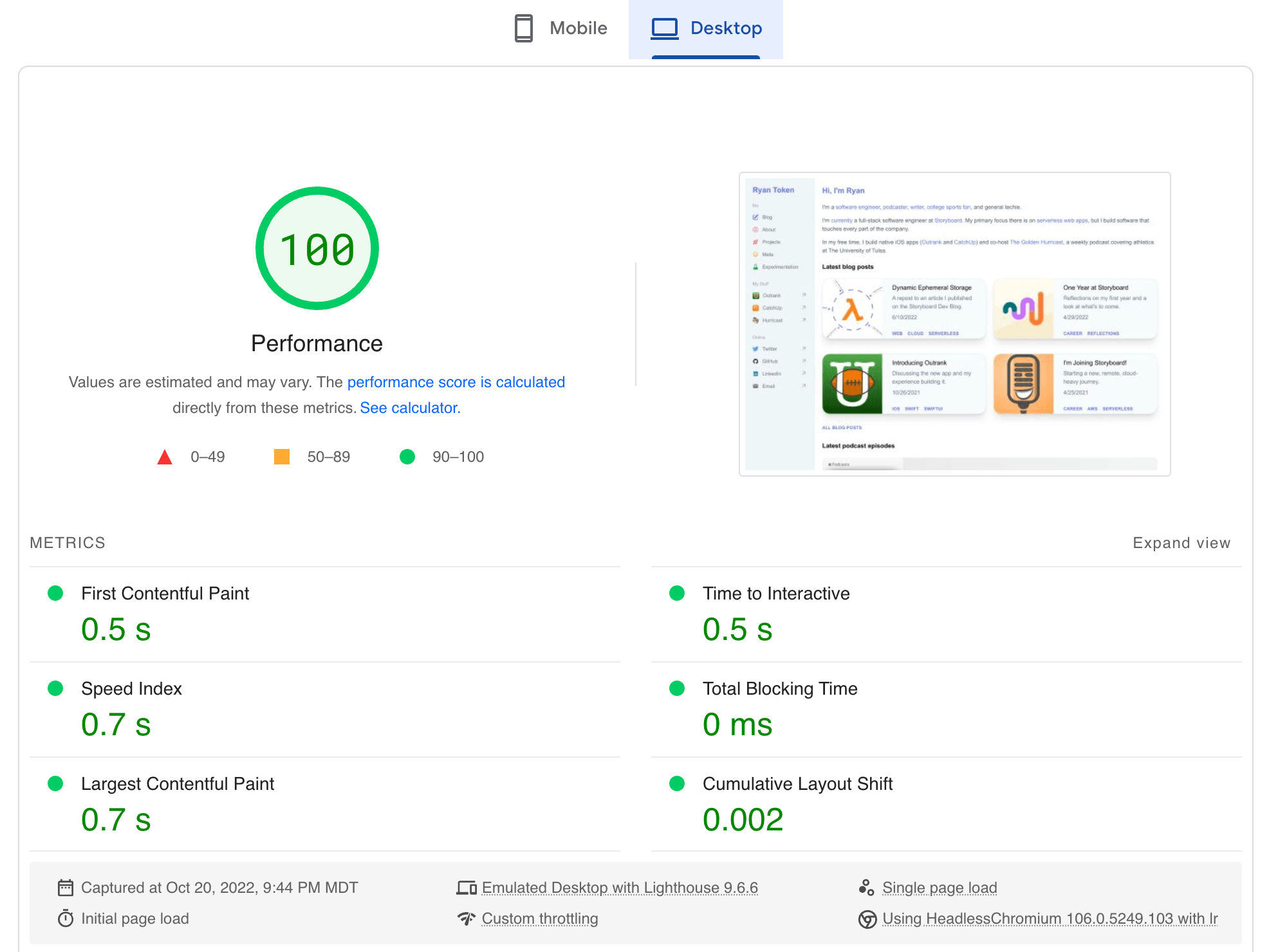 PageSpeed Insights scores for the Nuxt 3 site on desktop