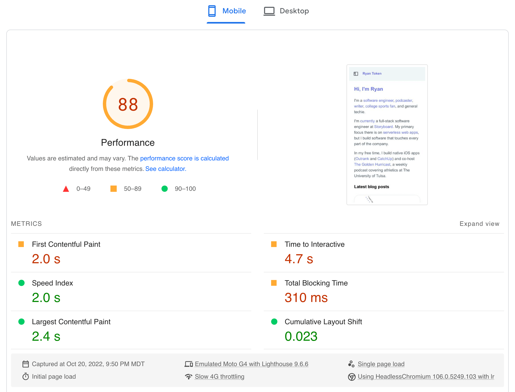 PageSpeed Insights scores for the Nuxt 3 site on mobile