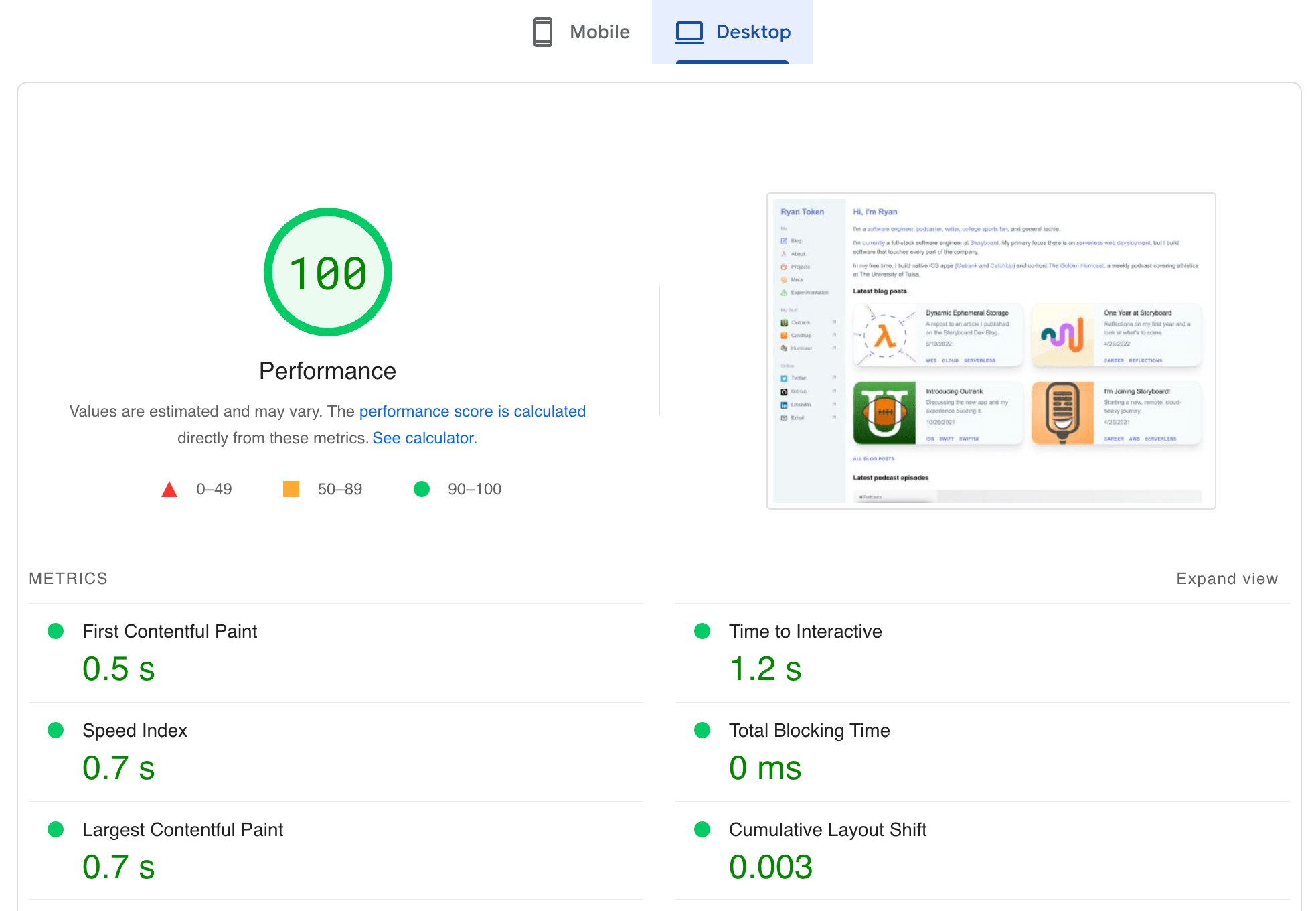 PageSpeed Insights scores for the SvelteKit site on desktop