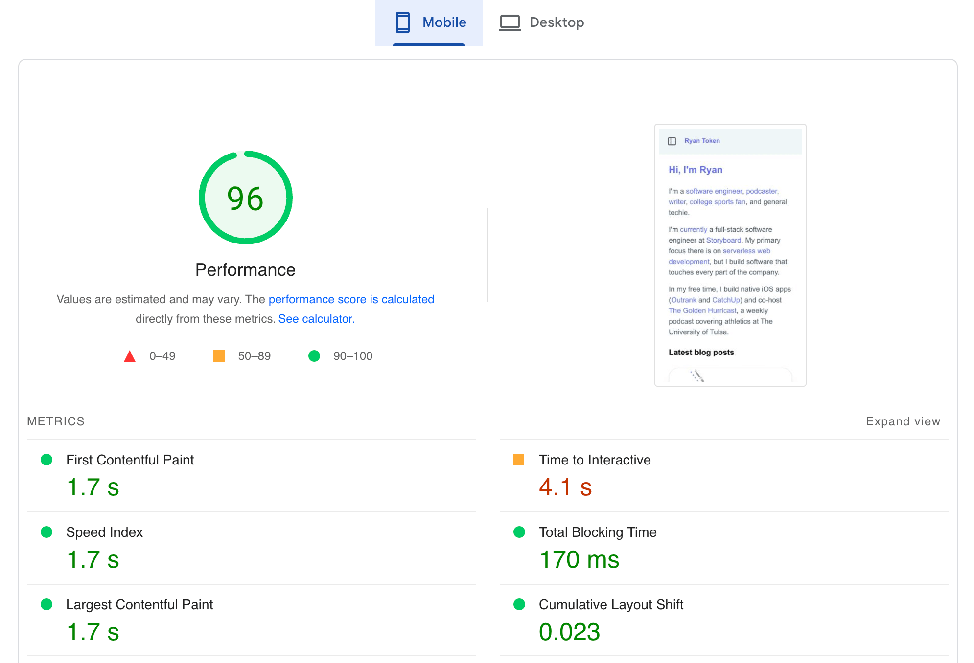 PageSpeed Insights scores for the SvelteKit site on mobile