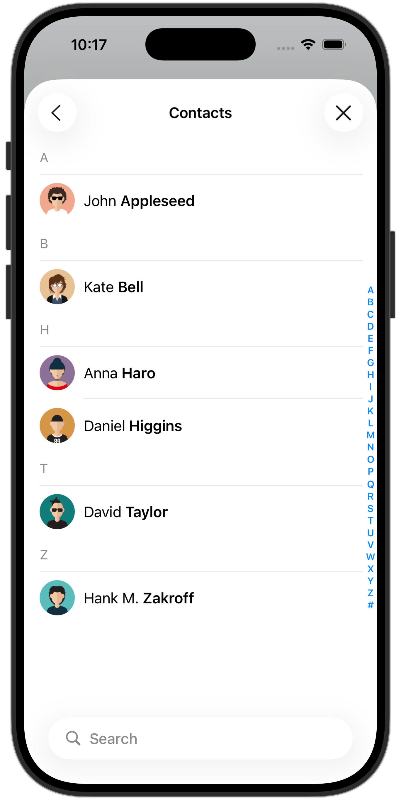 A screenshot of CatchUp's contact search screen