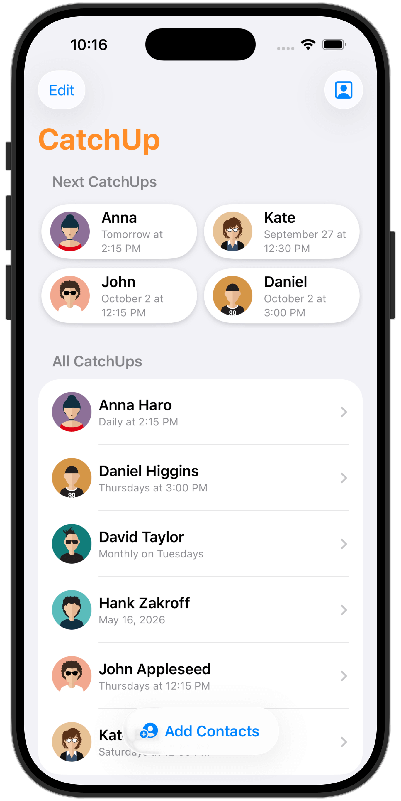A screenshot of CatchUp's home screen