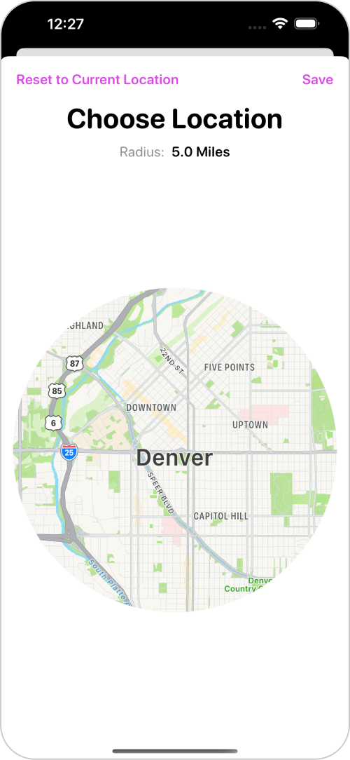 Location Filter screen for Hot Local Food”