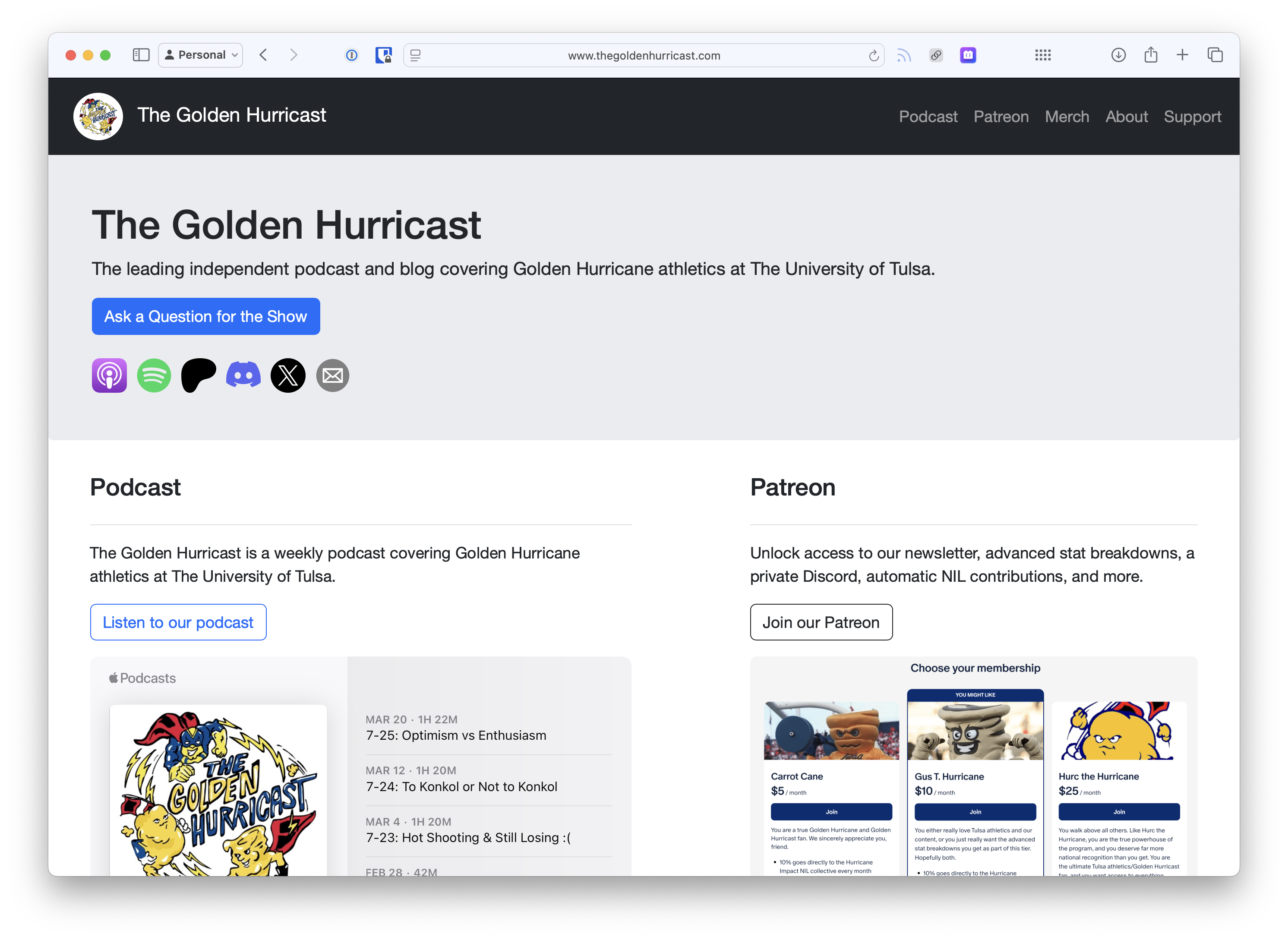 A screenshot of thegoldenhurricast.com's homepage