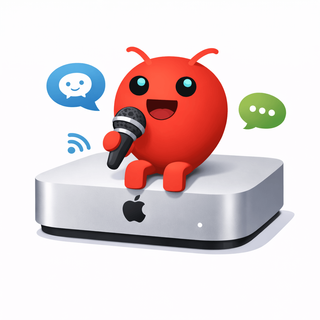 The OpenClaw logo talking while sitting on top of a Mac mini