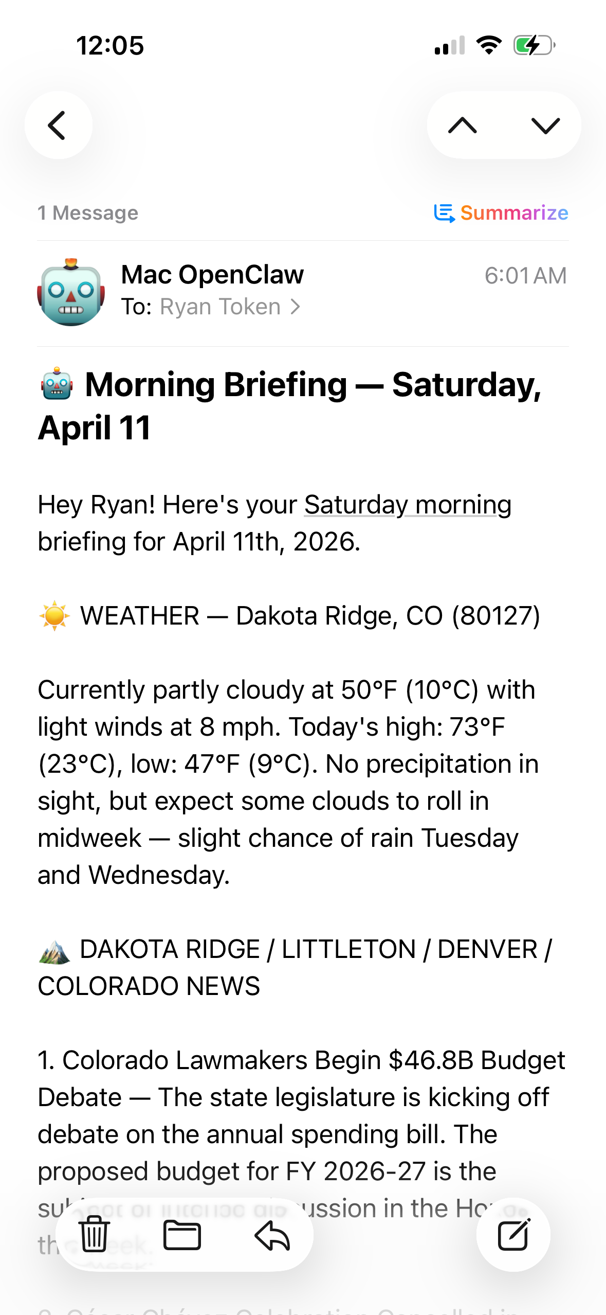 Morning Briefing email from Mac, Ryan’s OpenClaw AI agent